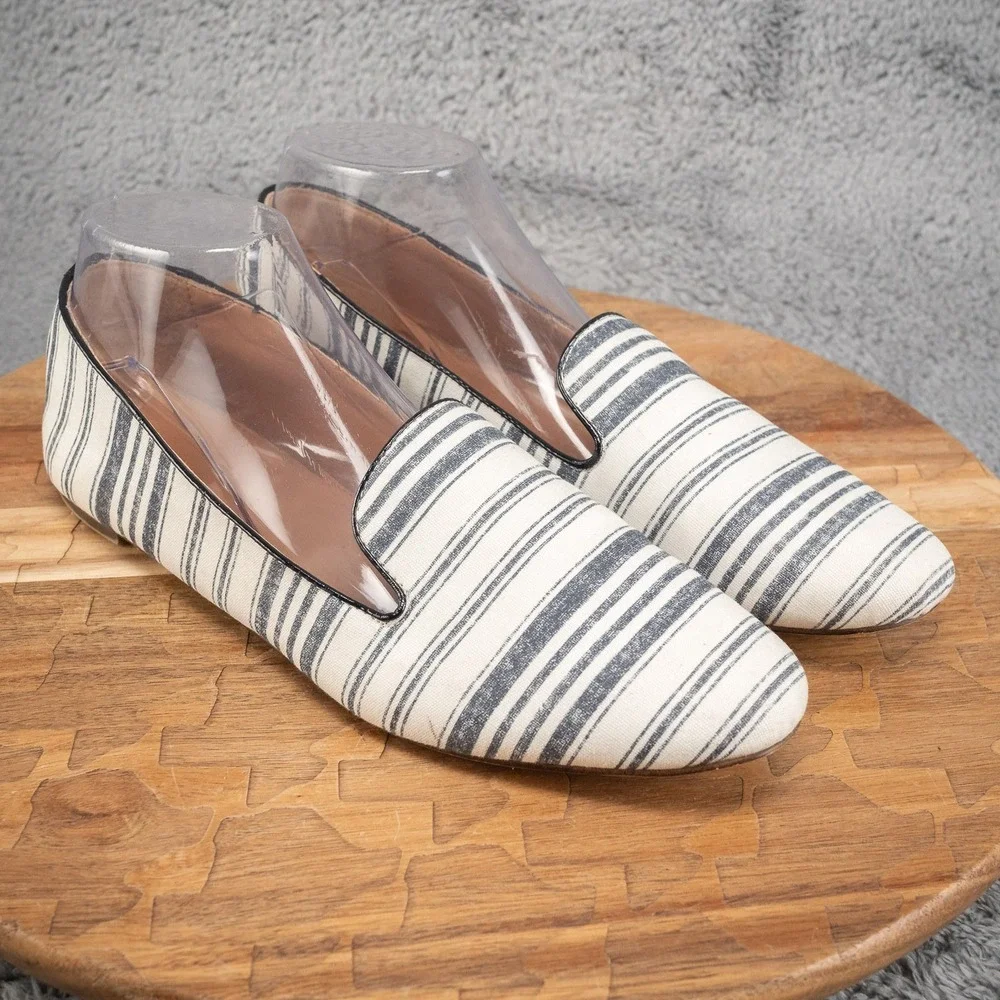 FC14 Women's J Crew Cleo White Blue stripe Venetian Style Moc Loafer Flats 10